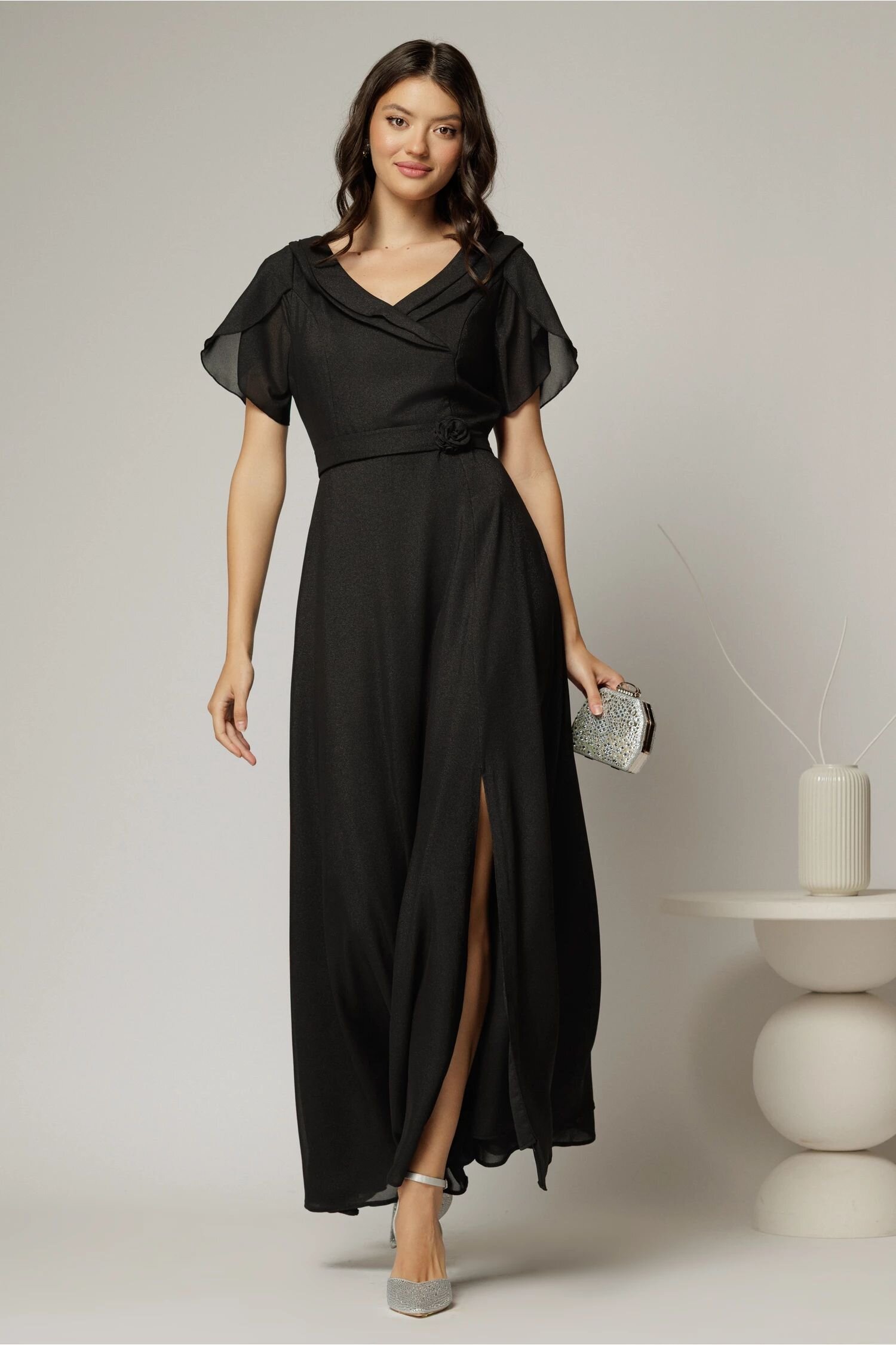  Rochie lunga de ocazie neagra din voal sidefat