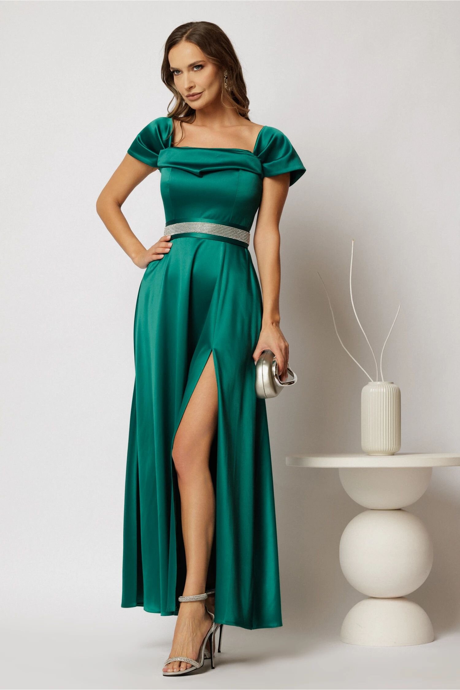  Rochie lunga Derya verde din tafta de ocazie