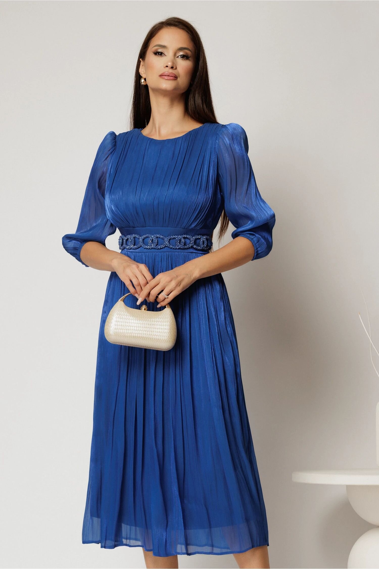  Rochie midi albastra de ocazie din voal peliculizat cu cordon detasabil