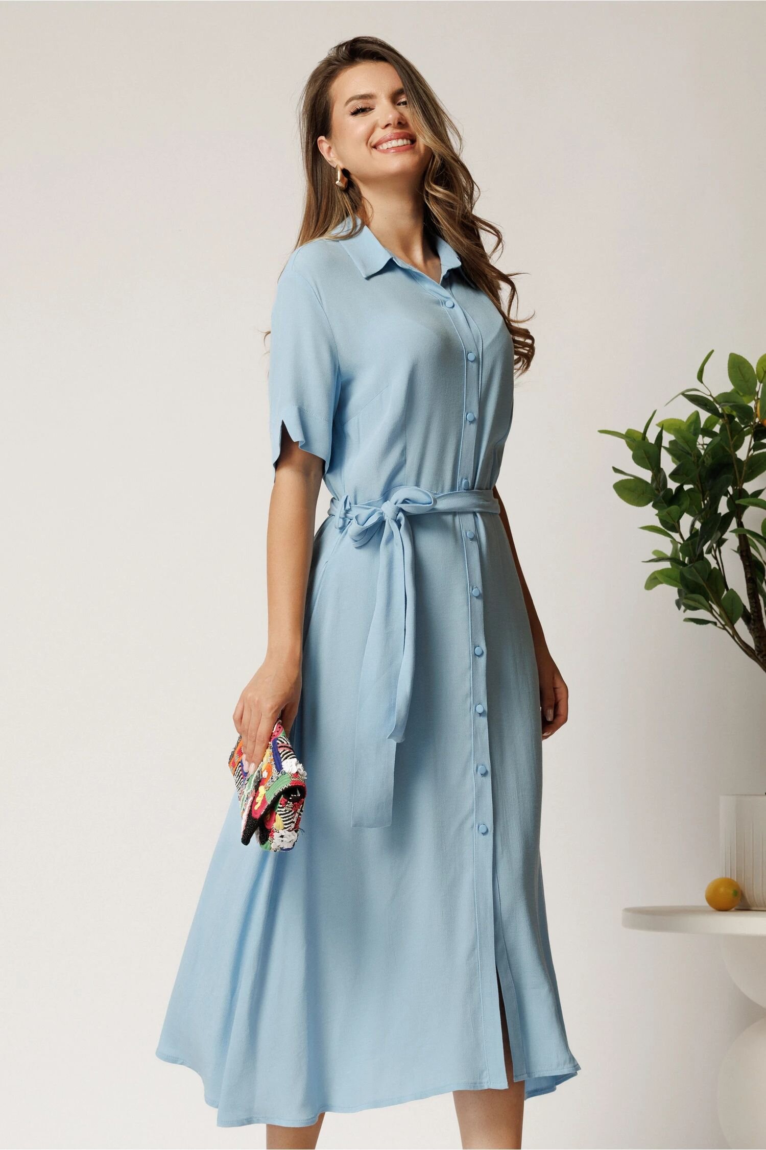  Rochie midi bleu din bumbac in clos cu cordon in talie