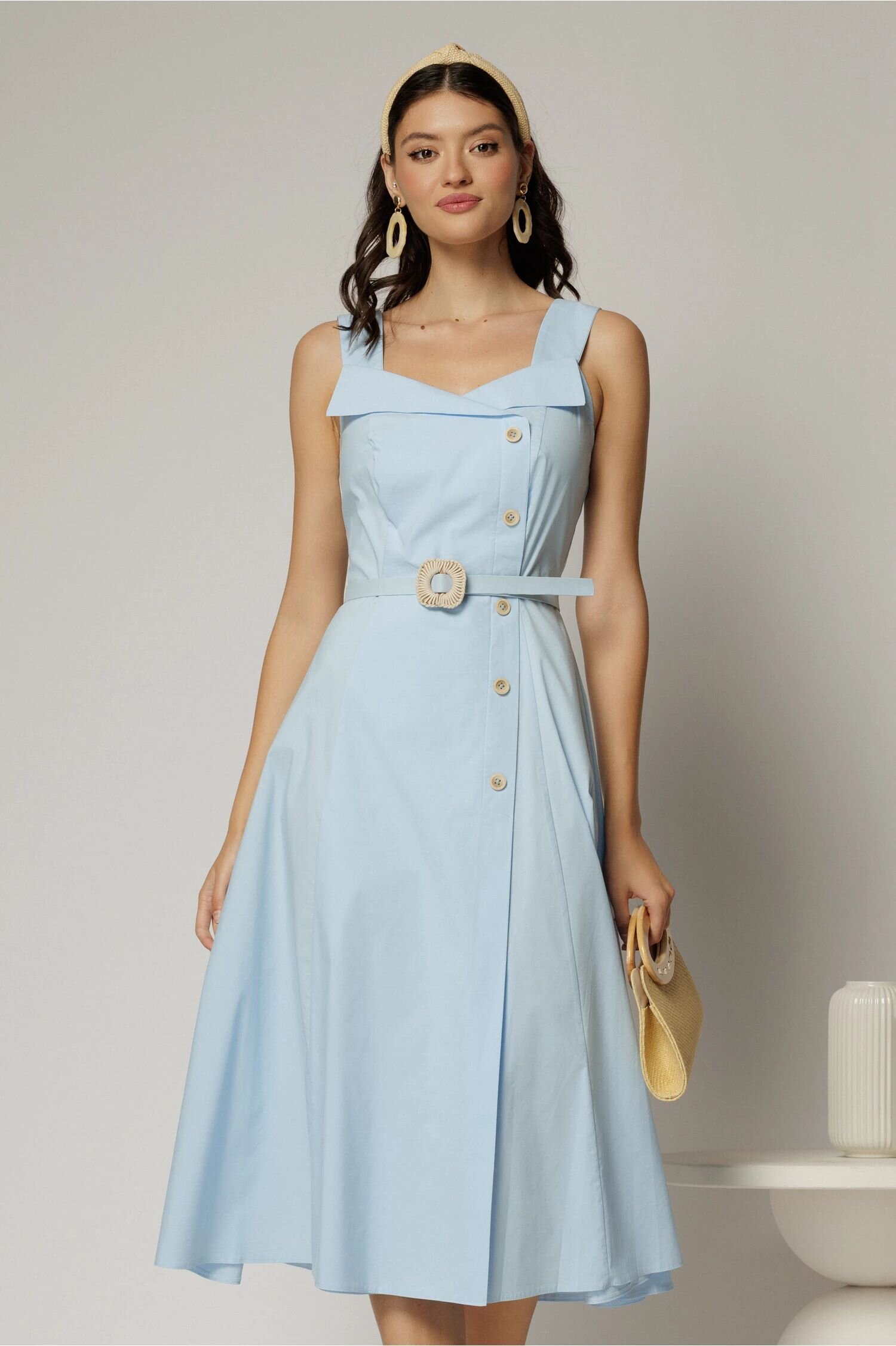  Rochie midi bleu din poplin cu nasturi si curea in talie