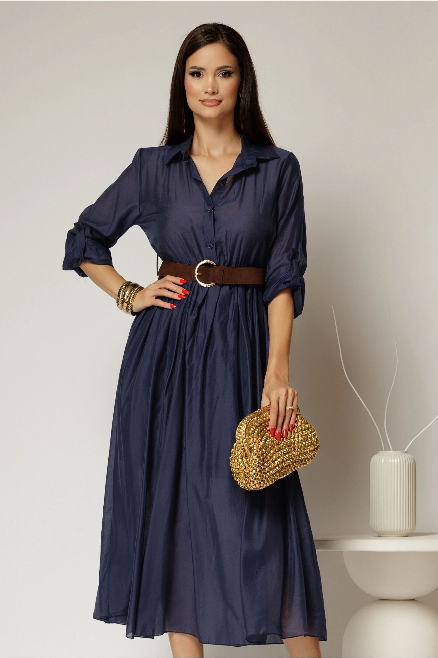  Rochie midi bleumarin din tencel si curea maro in talie