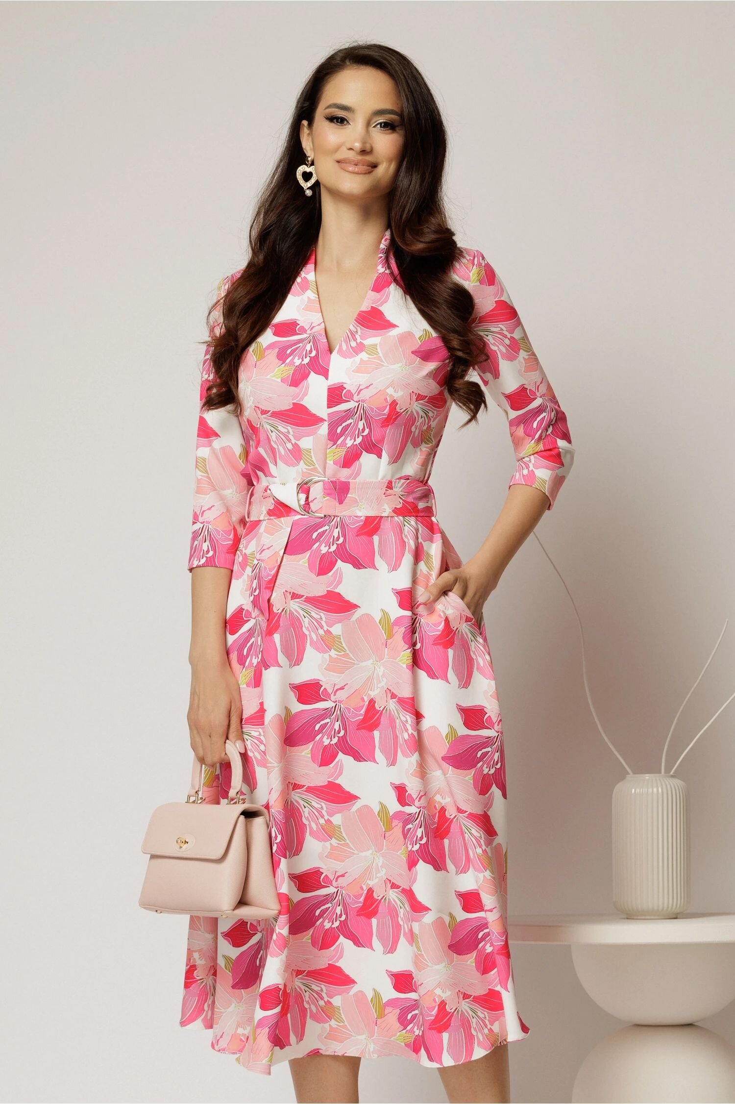  Rochie midi de zi ivoar cu imprimeuri fucsia cu buzunare