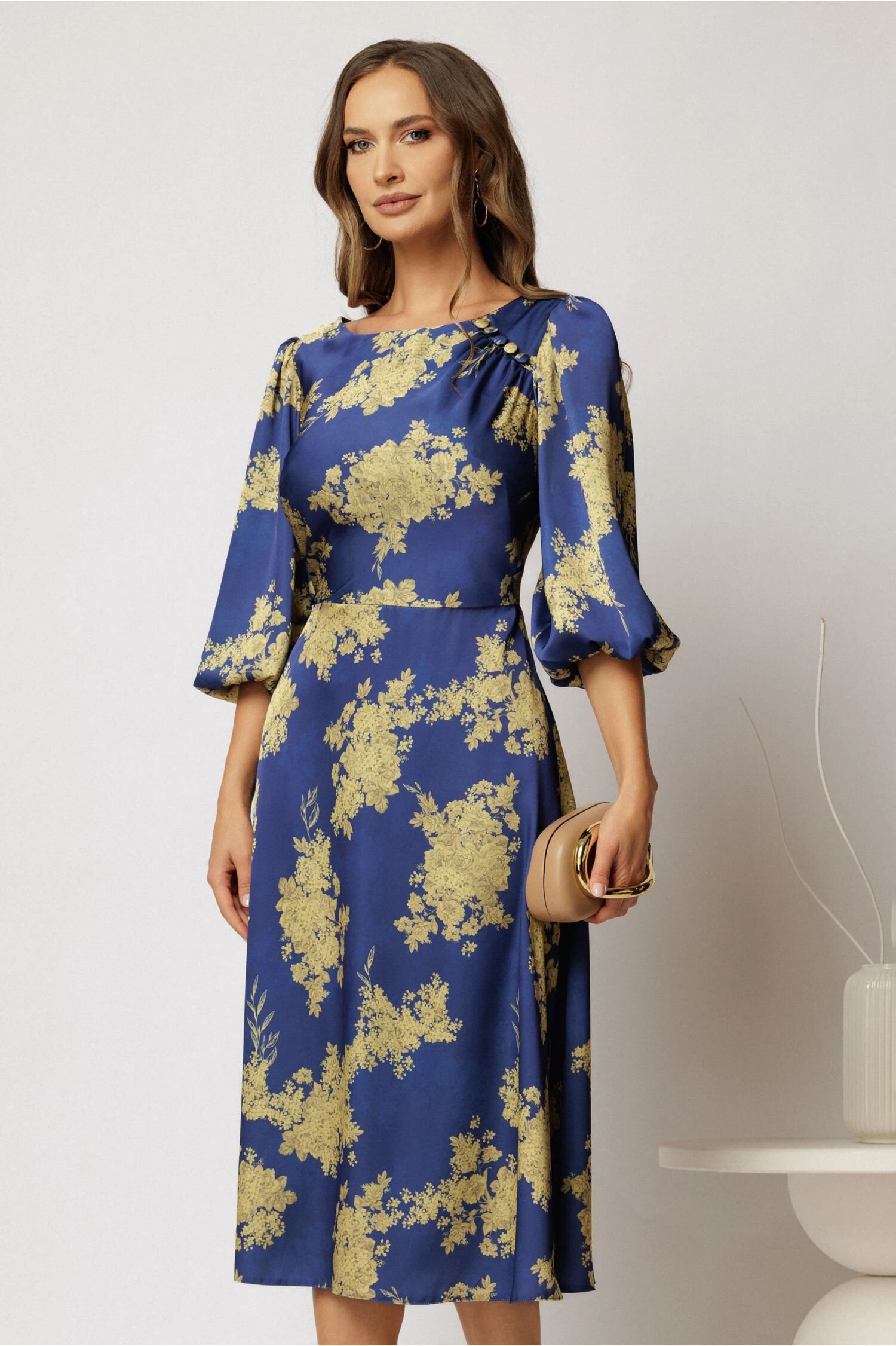  Rochie midi din satin bleumarin cu imprimeu lime