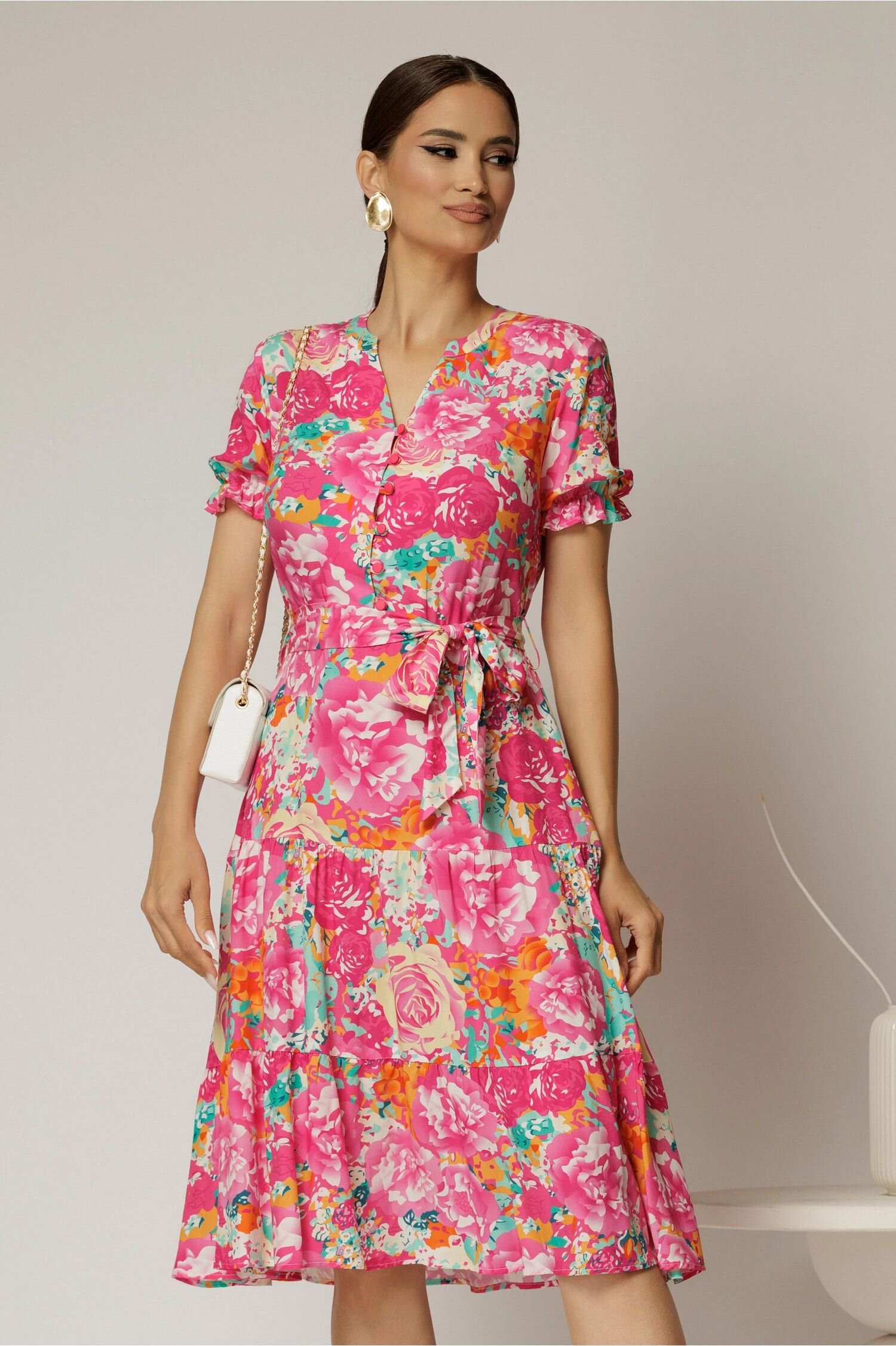  Rochie midi din viscoza cu imprimeu floral fucsia