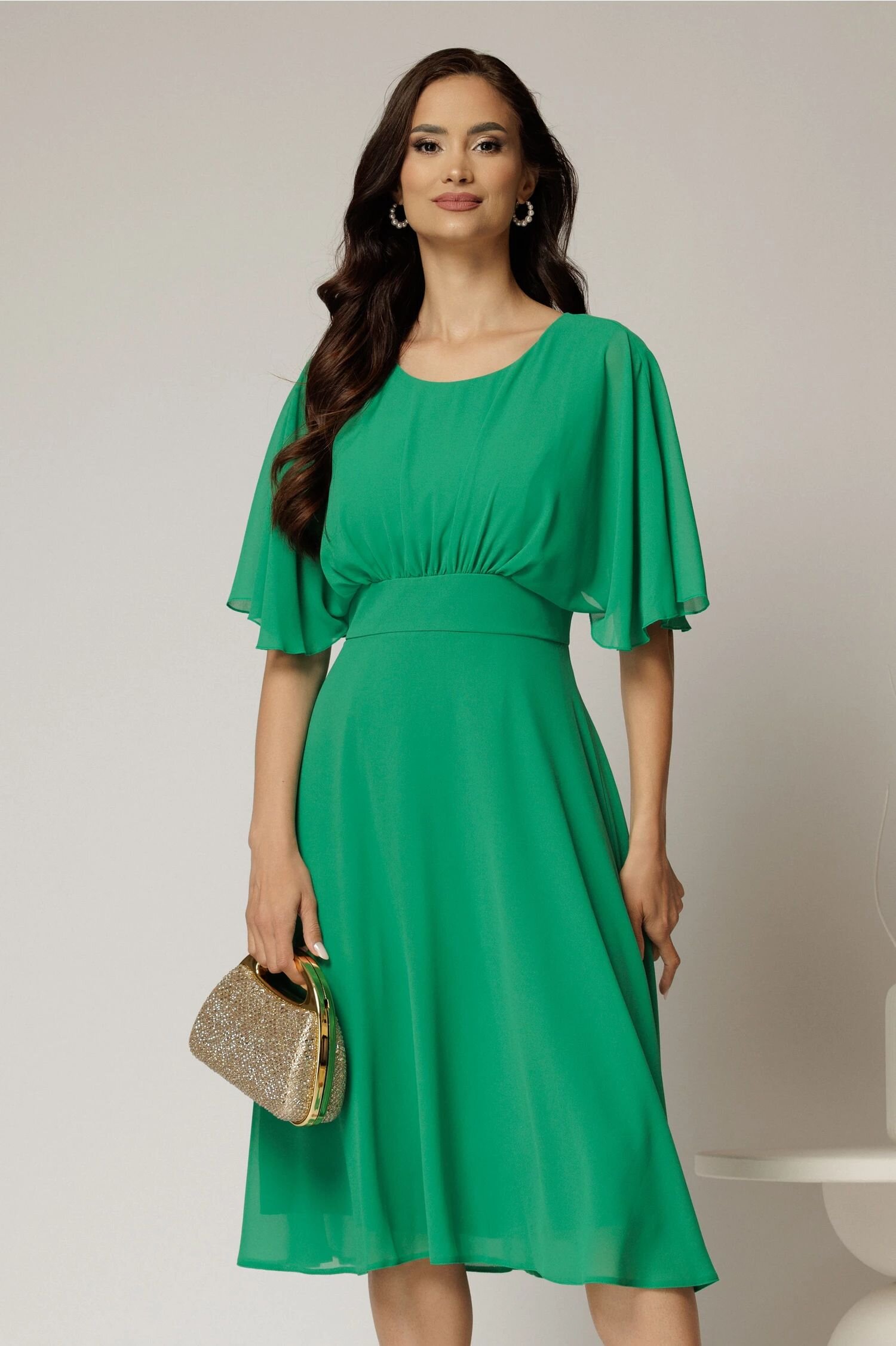  Rochie midi din voal verde cu maneci scurte lejere