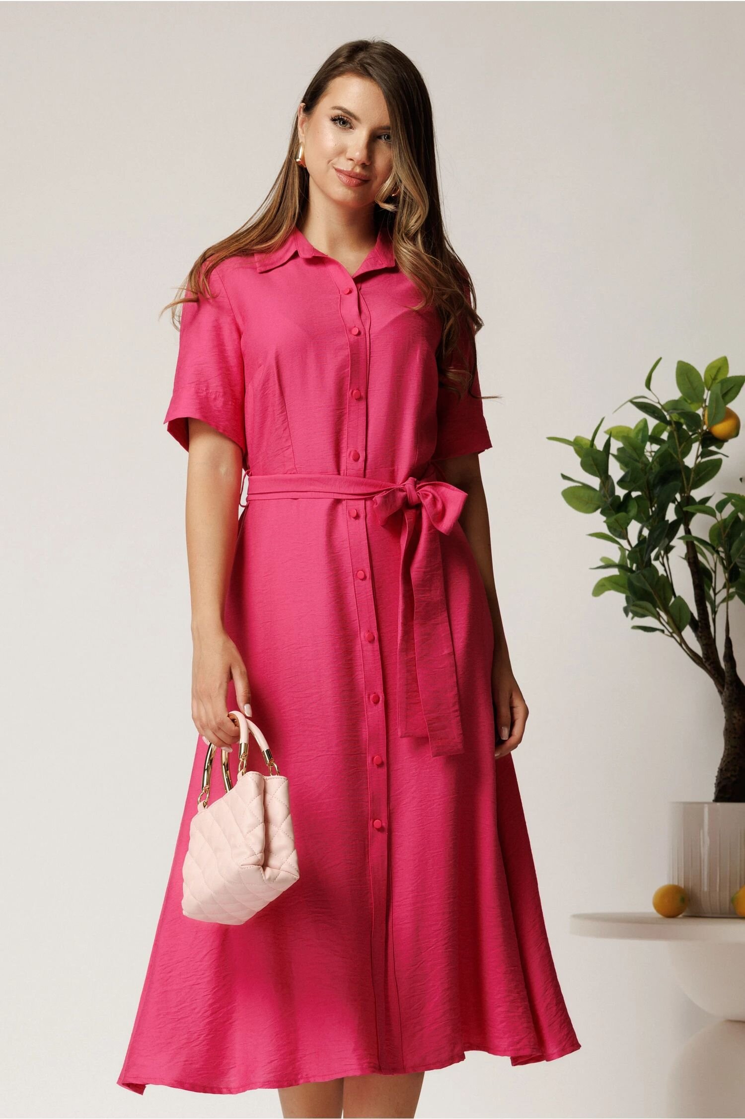  Rochie midi fucsia din bumbac in clos cu cordon in talie