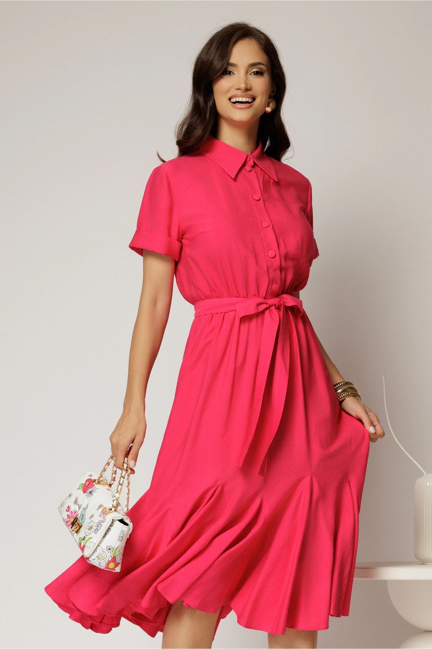  Rochie midi fucsia din viscoza in clos cu nasturi si cordon