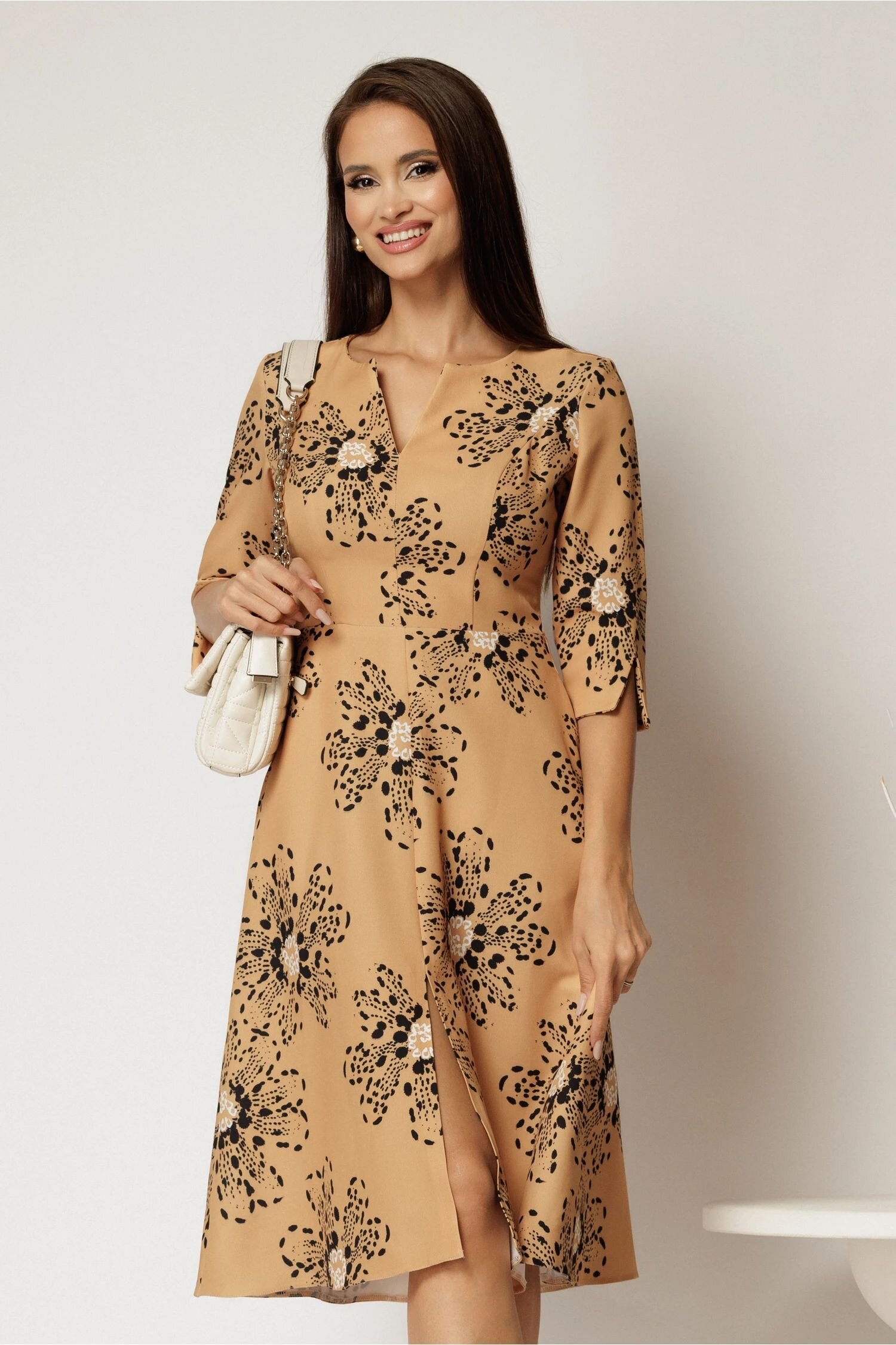  Rochie midi galben mustar cu imprimeu floral negru