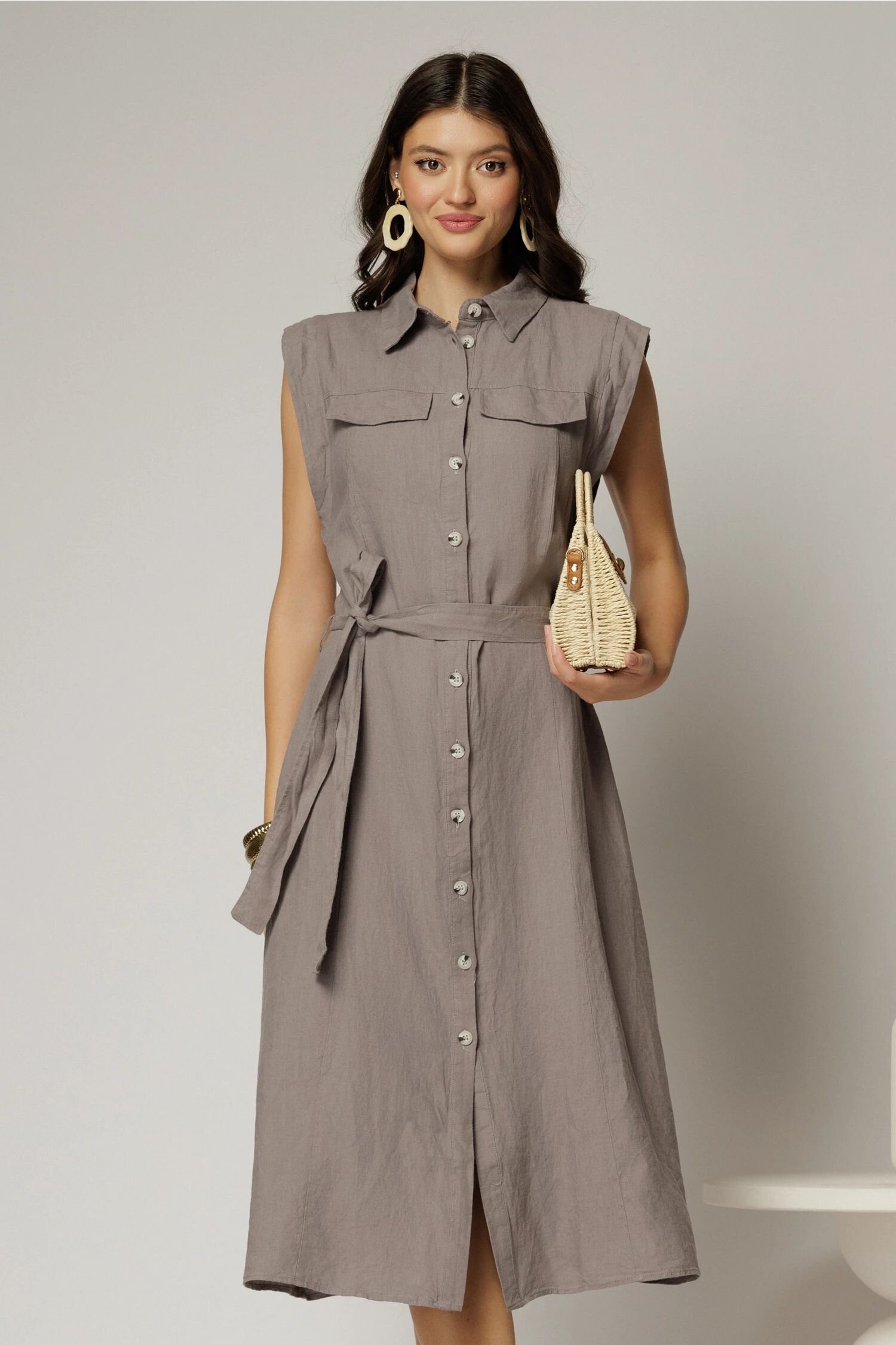  Rochie midi gri din bumbac fara maneci cu cordon in talie