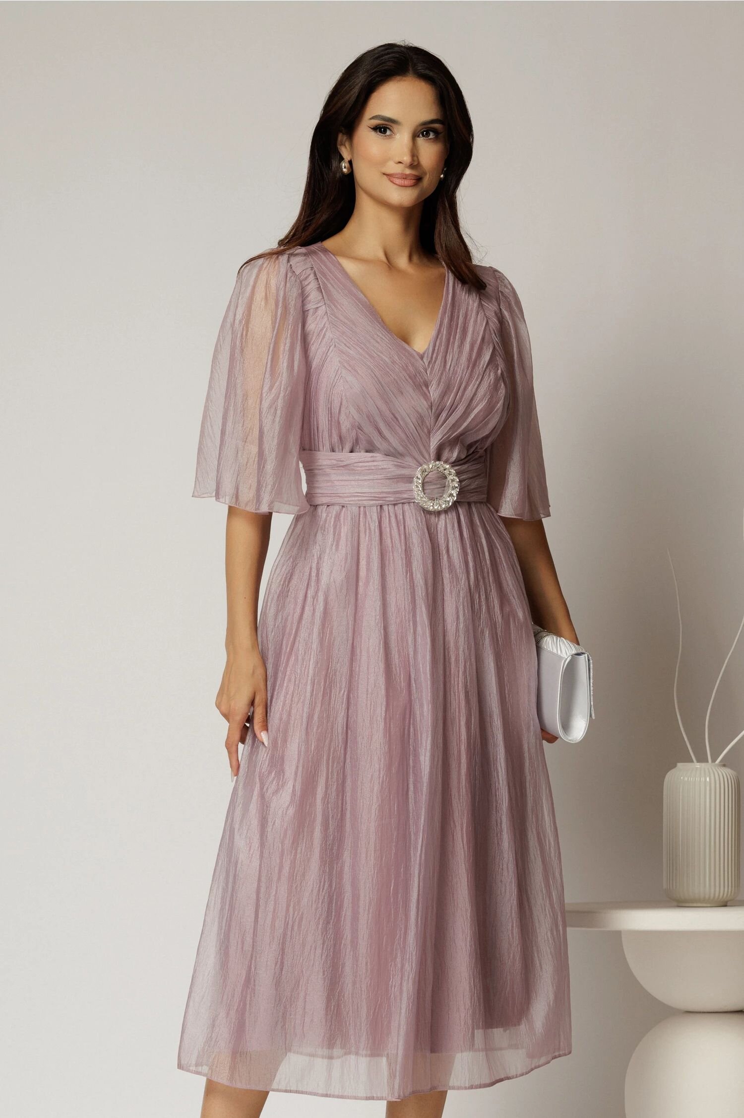  Rochie midi lila de ocazie din matase sintetica creponata