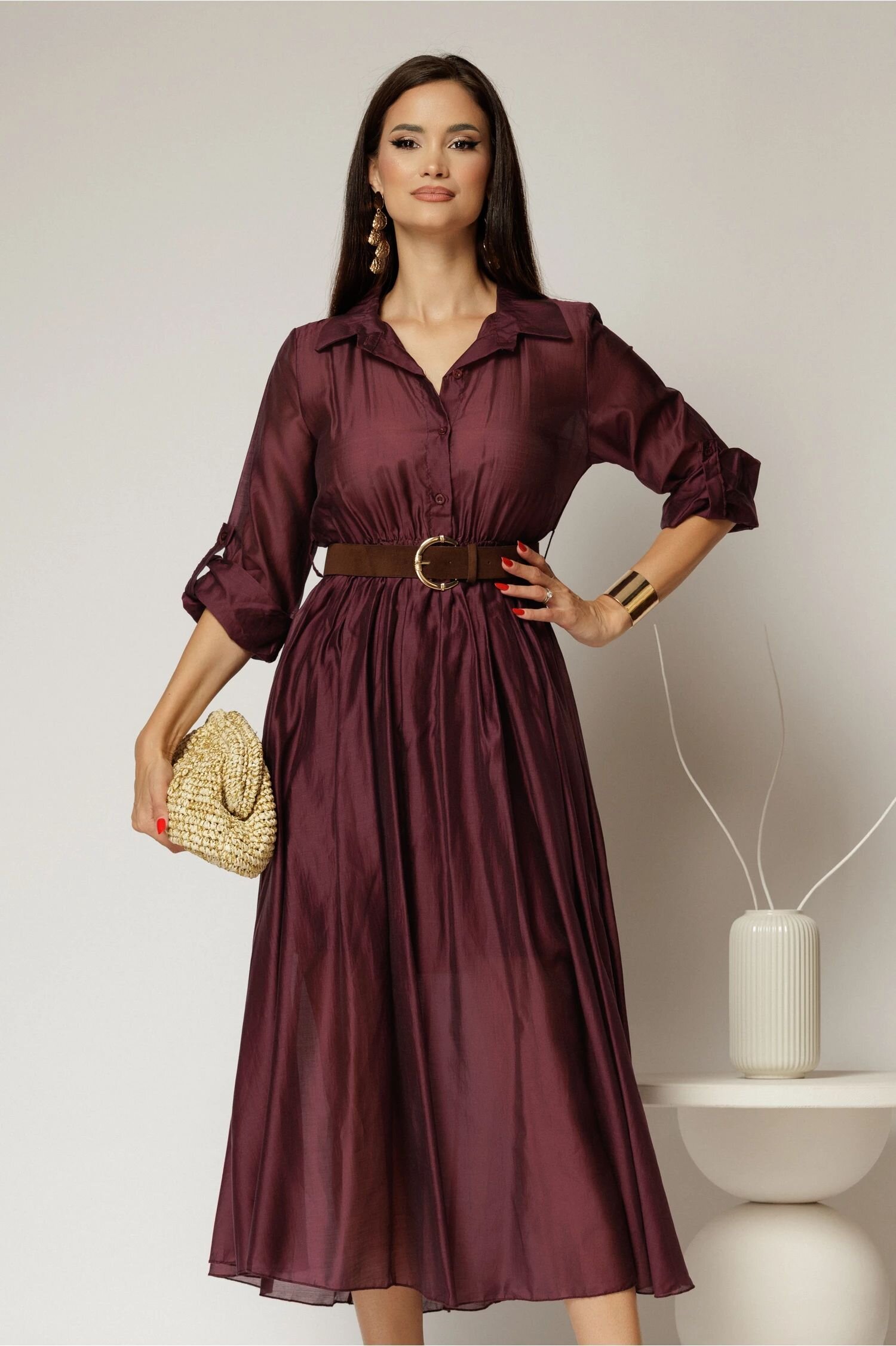  Rochie midi mov din tencel si curea maro in talie
