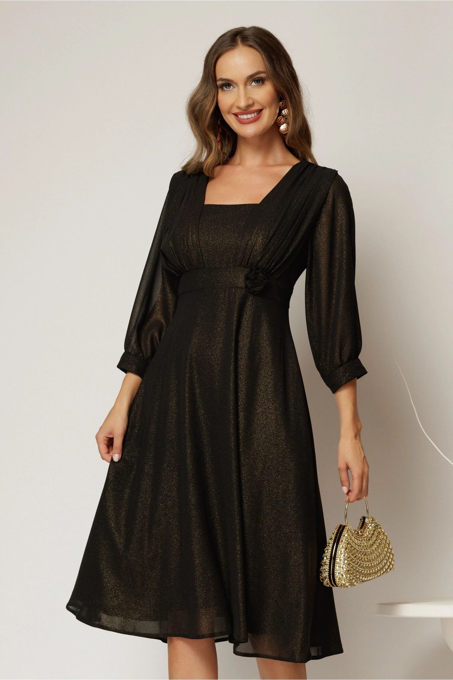  Rochie midi neagra de ocazie din voal cu pelicula