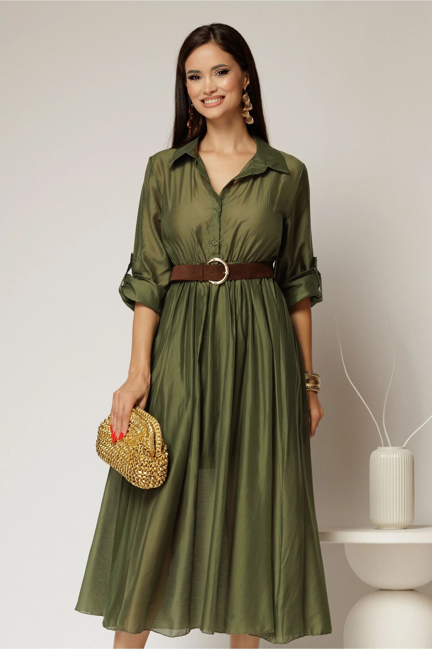  Rochie midi verde olive din tencel si curea maro in talie