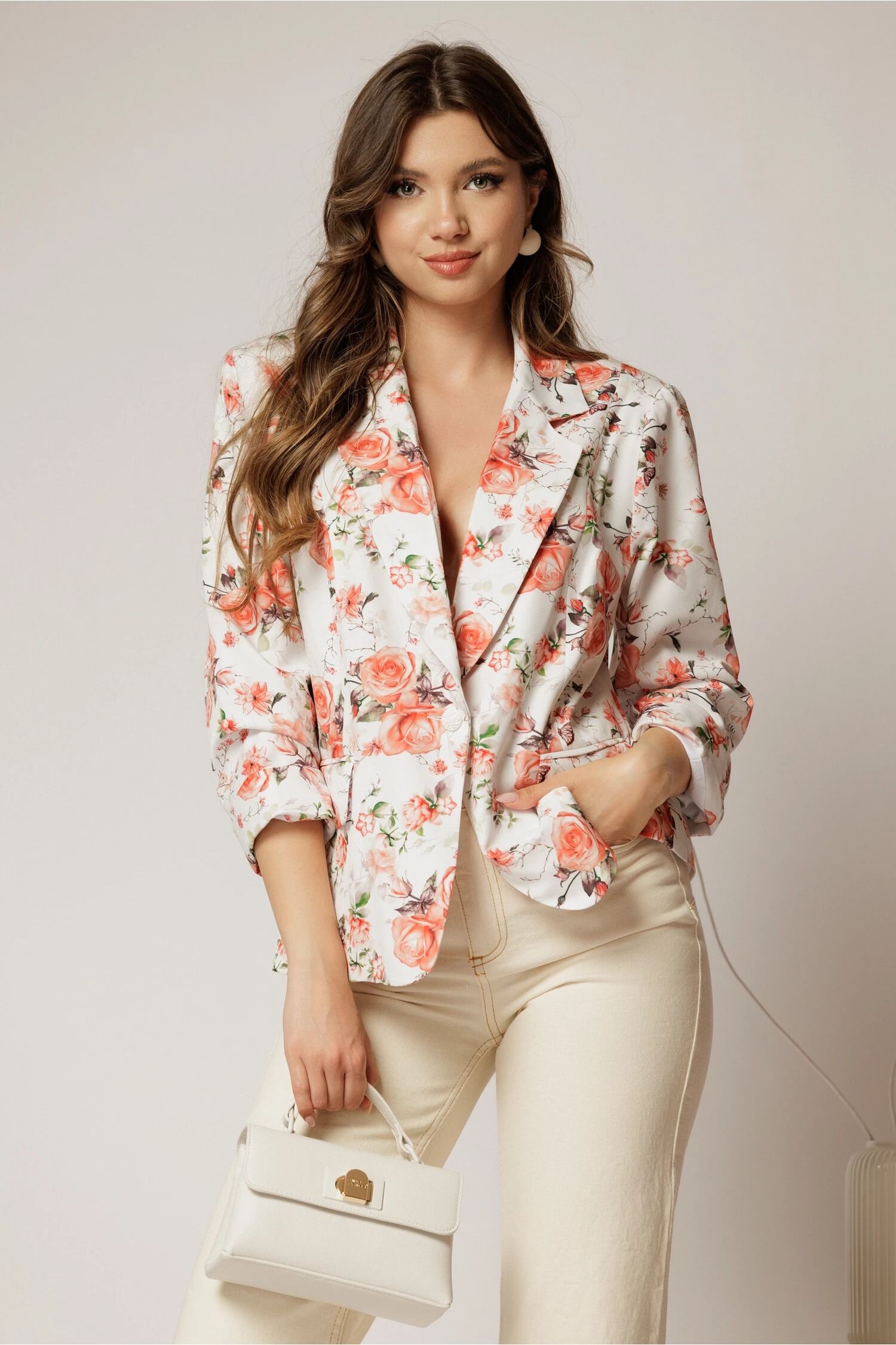  Sacou dama alb cu imprimeu floral oranj