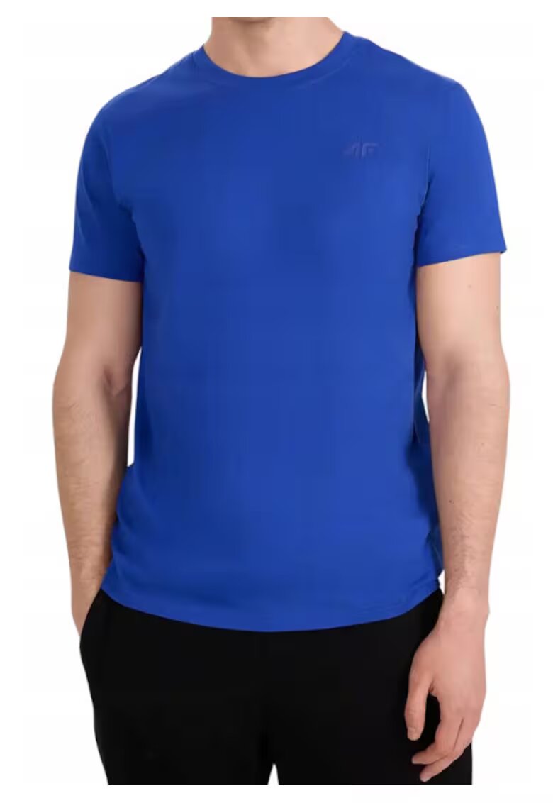 4F Tricou din bumbac cu decolteu la baza gatului - Albastru
