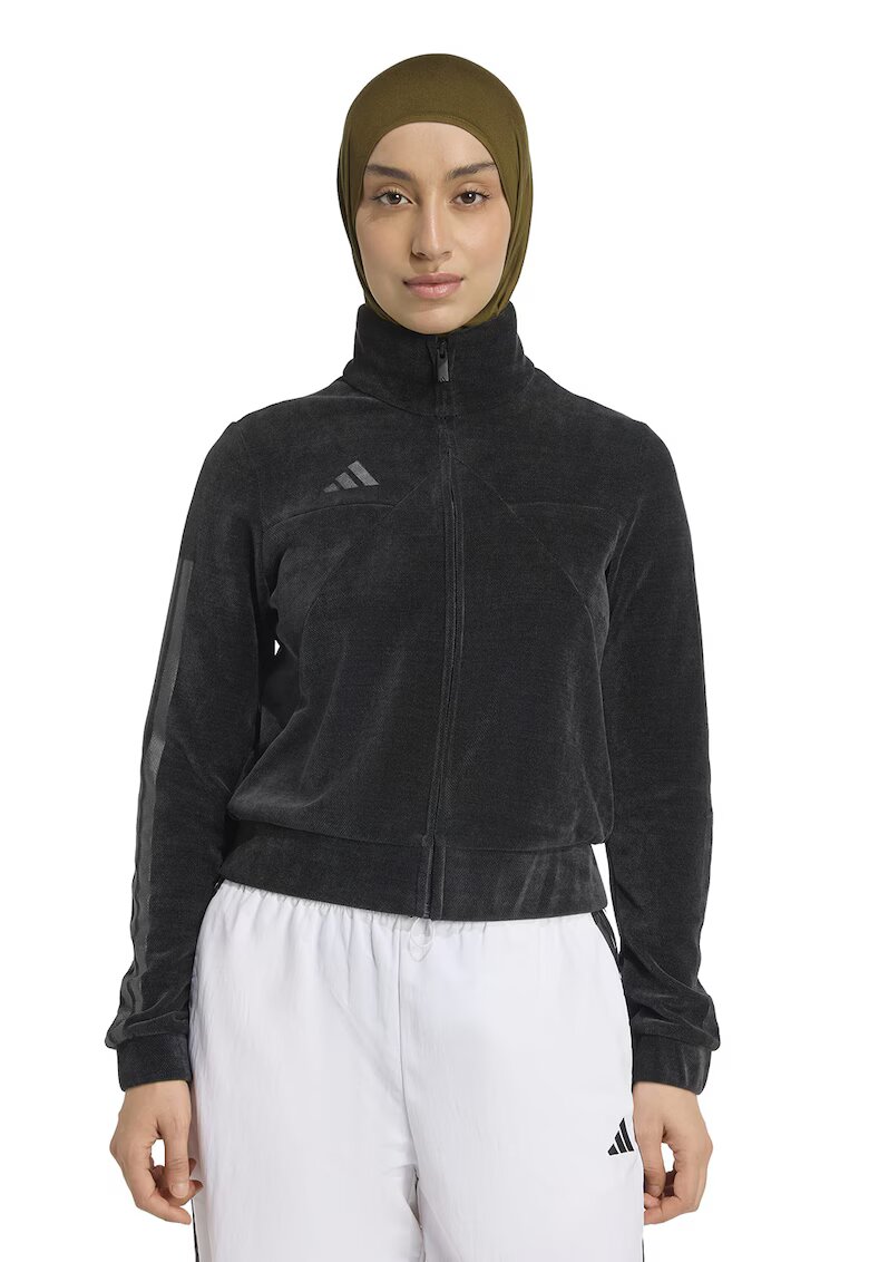adidas Sportswear Bluza de trening cu fermoar si imprimeu logo - Negru stins/Gri inchis