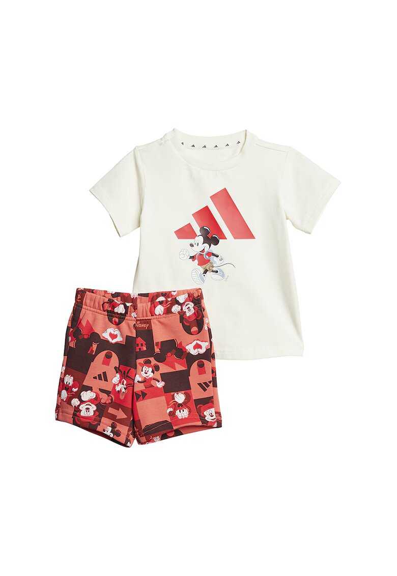 adidas Sportswear Set de tricou si pantaloni scurti din amestec de bumbac cu Mickey Mouse - Rosu/Alb/Portocaliu