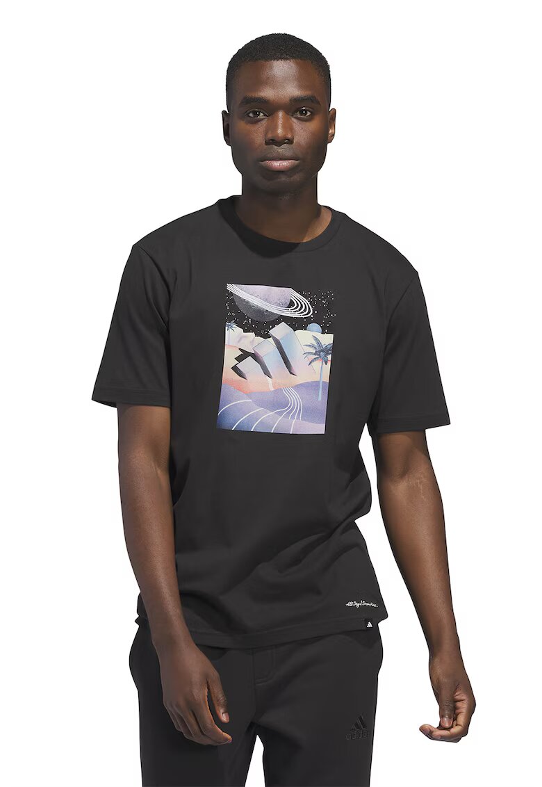 adidas Sportswear Tricou cu decolteu la baza gatului si imprimeu frontal All Day - Negru