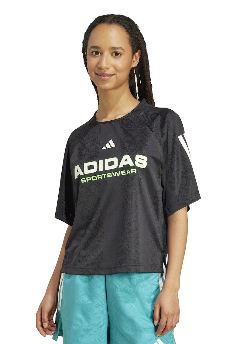 adidas Sportswear Tricou cu imprimeu logo - Negru/Verde pal/Alb optic
