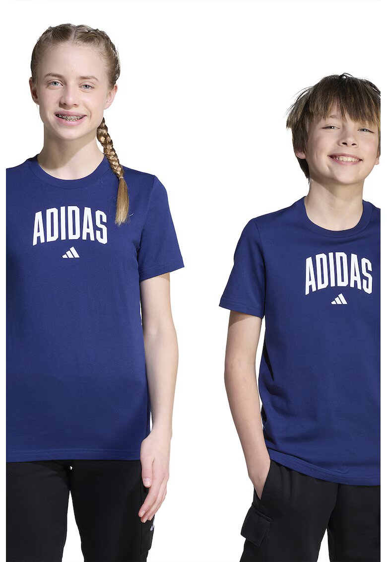 adidas Sportswear Tricou din bumbac cu decolteu la baza gatului si logo - Albastru inchis