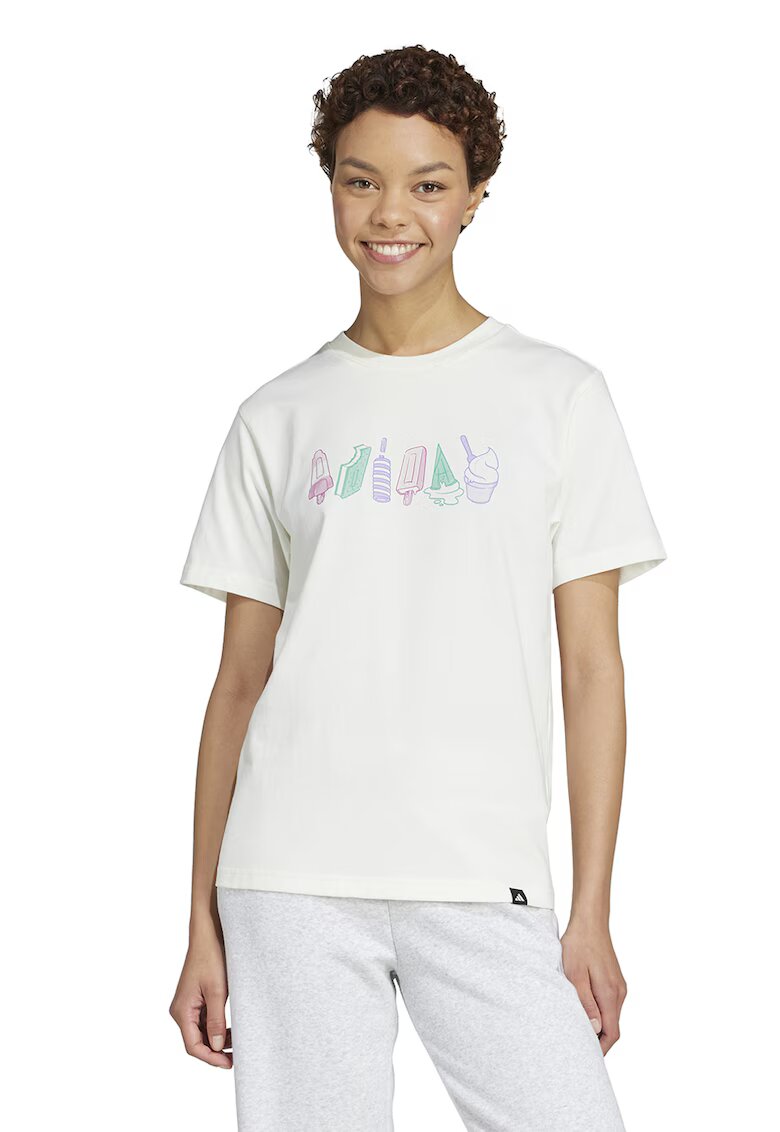 adidas Sportswear Tricou din bumbac cu decolteu la baza gatului si logo - Verde/Alb murdar