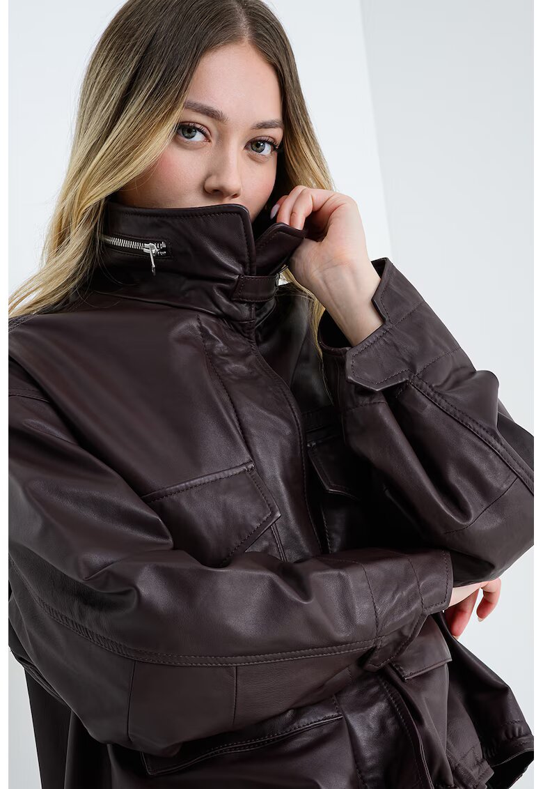 AllSaints Jacheta lejera din piele cu buzunare - Maro cognac