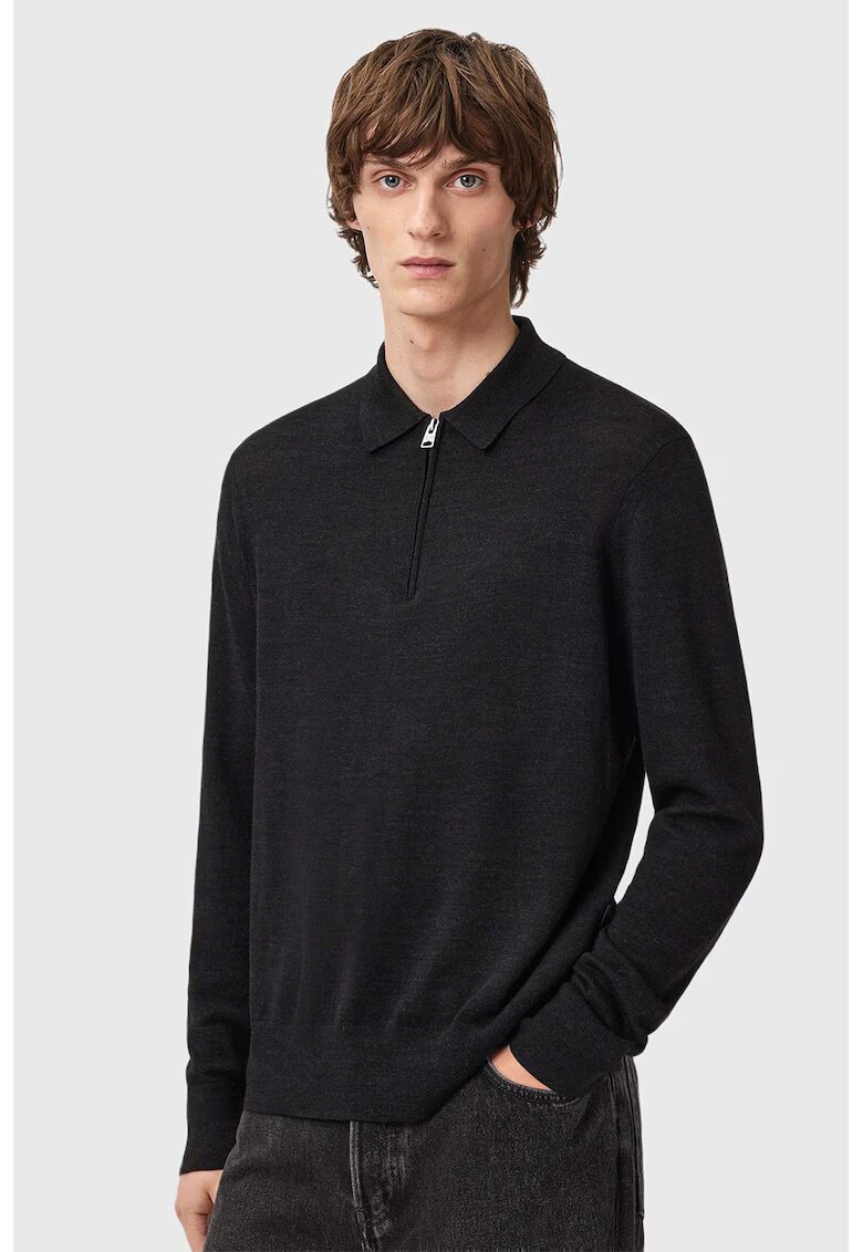 AllSaints Pulover tricotat fin din lana merinos cu fermoar scurt - Negru melange