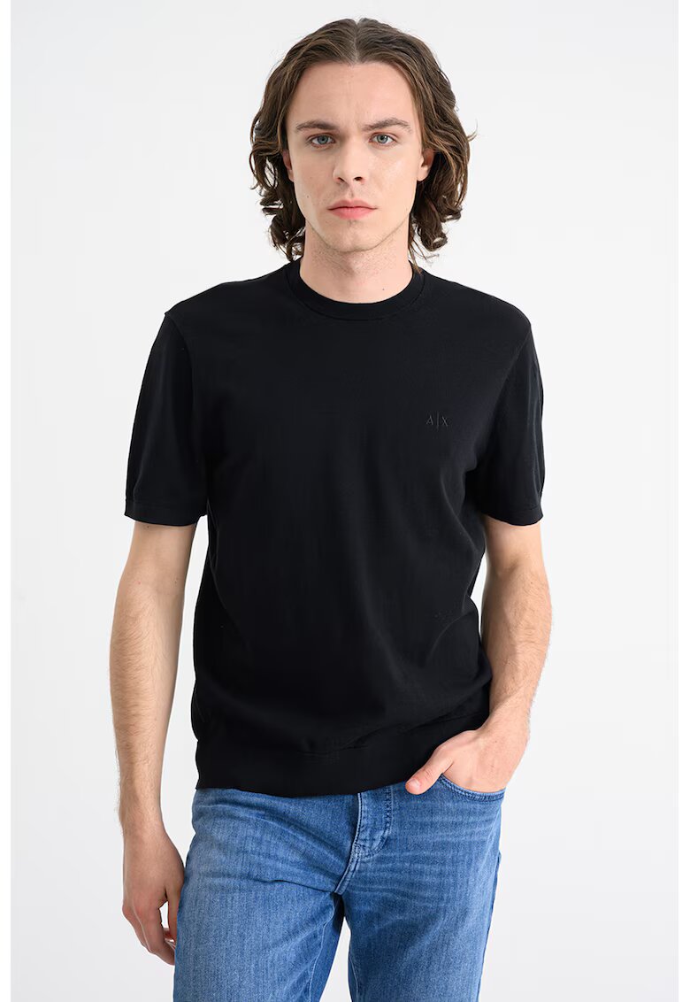 Armani Exchange Tricou de bumbac cu decolteu la baza gatului - Negru