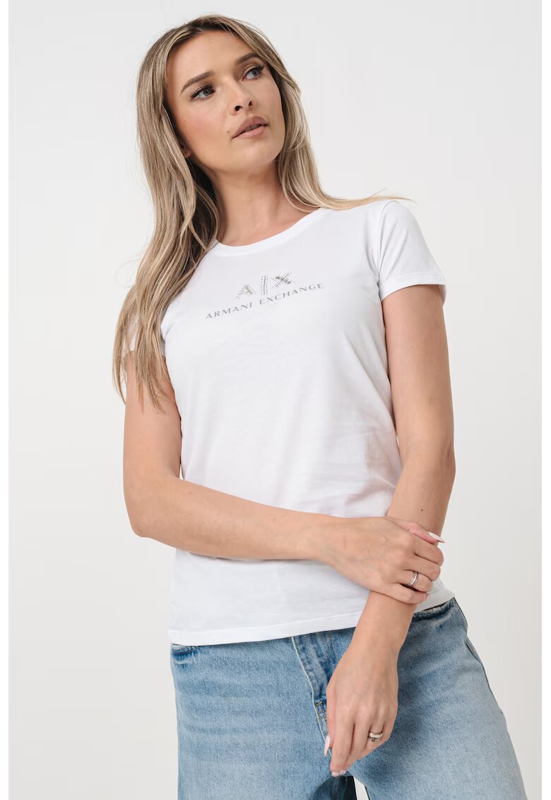 Armani Exchange Tricou de bumbac cu decolteu rotund si logo - Alb/Argintiu