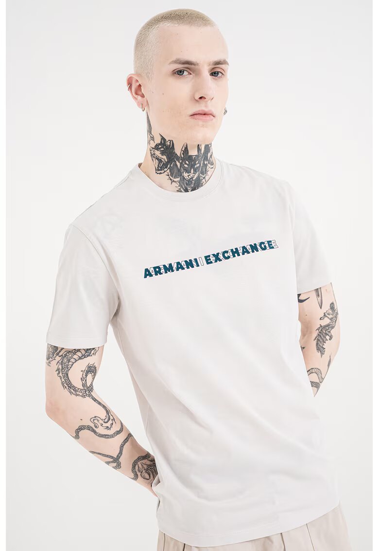 Armani Exchange Tricou de bumbac cu model text - Gri deschis/Albastru petrol