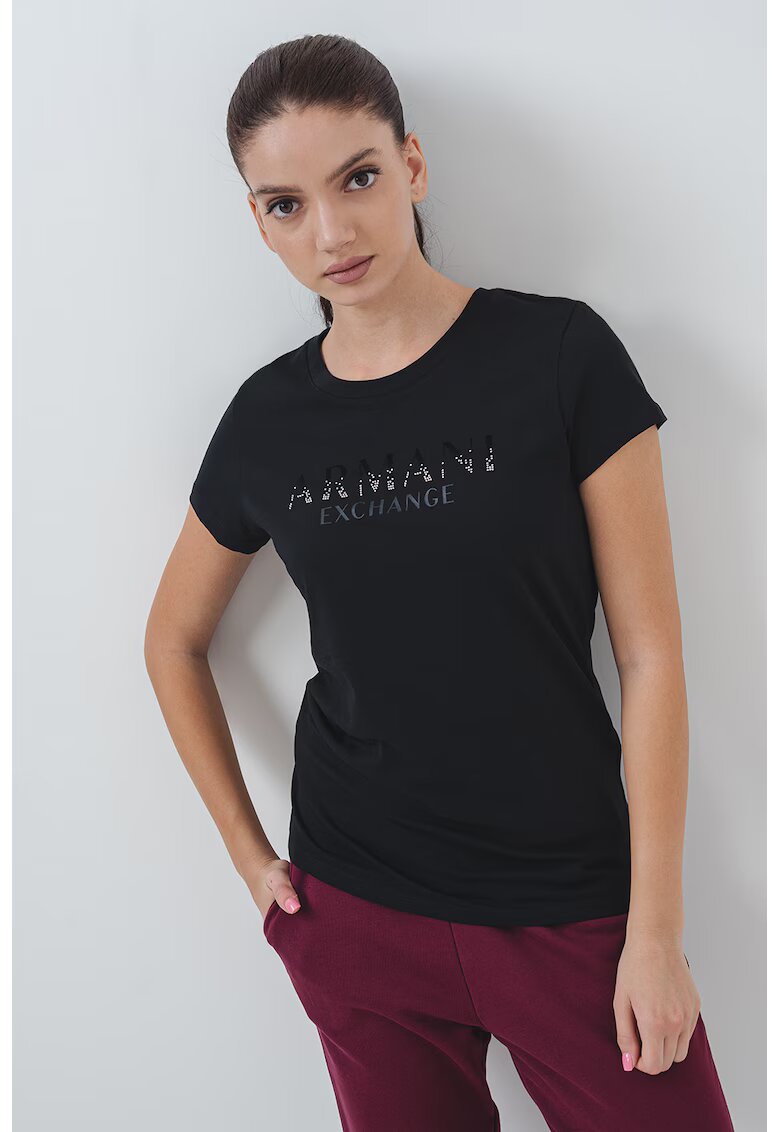 Armani Exchange Tricou slim-fit cu imprimeu pe piept - Negru/Transparent