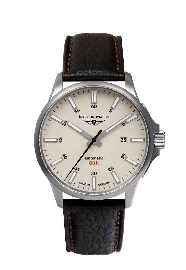 BAUHAUS Ceas Automatic Barbatesc Aviation BA-2864-5 Model 28645 Cu Mecanism Miyota 8315 Rezerva 60h Cadran Bej Super-LumiNova Carcasa Titan 42mm Sticla Safir WR 5 ATM Curea Piele Design Clasic Elegant Rezistent