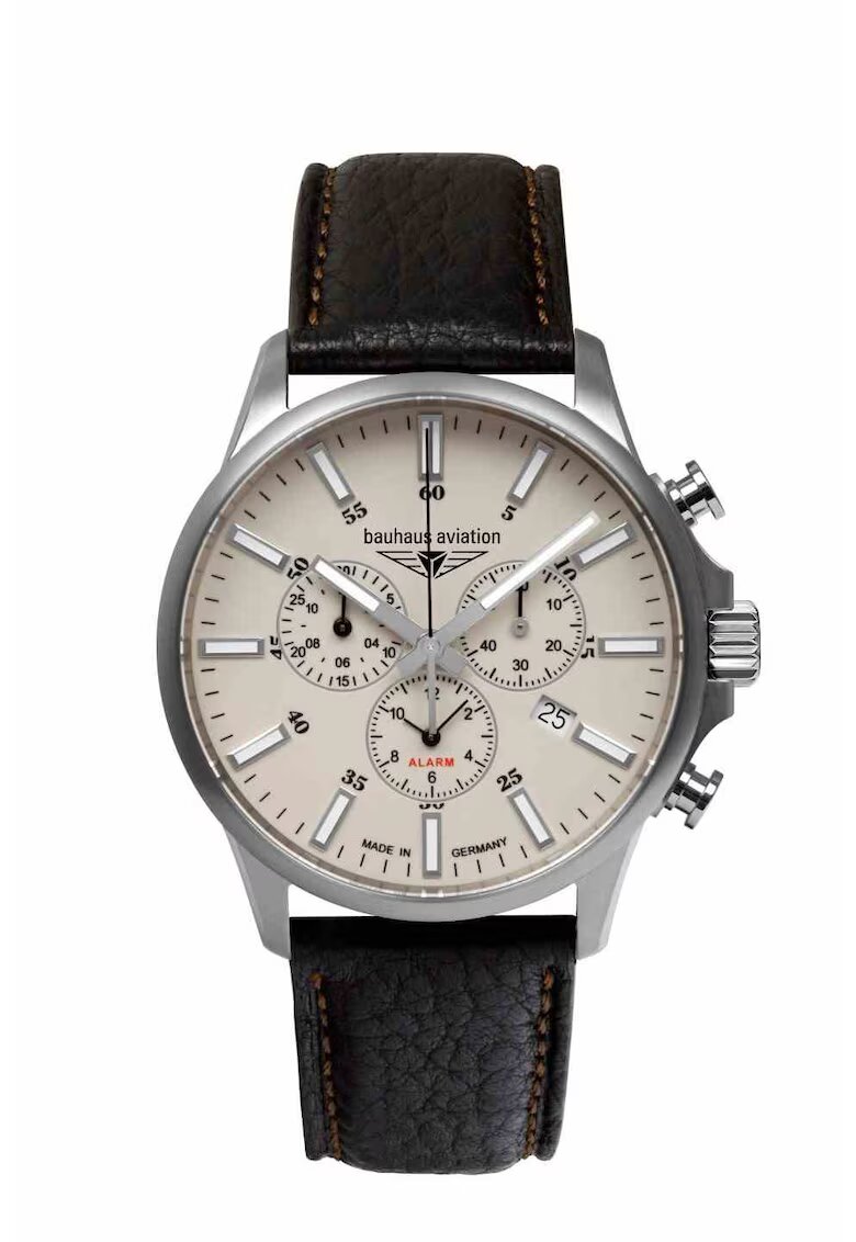 BAUHAUS Ceas barbati Aviation 28805 - Cronograf Quartz Elvetian - Carcasa Titan - Curea Piele Naturala Neagra - Cadran Argintiu - Sticla Safir - 42 mm - Rezistent la Apa 5 ATM - Functie Alarma - Design Modern Elegant