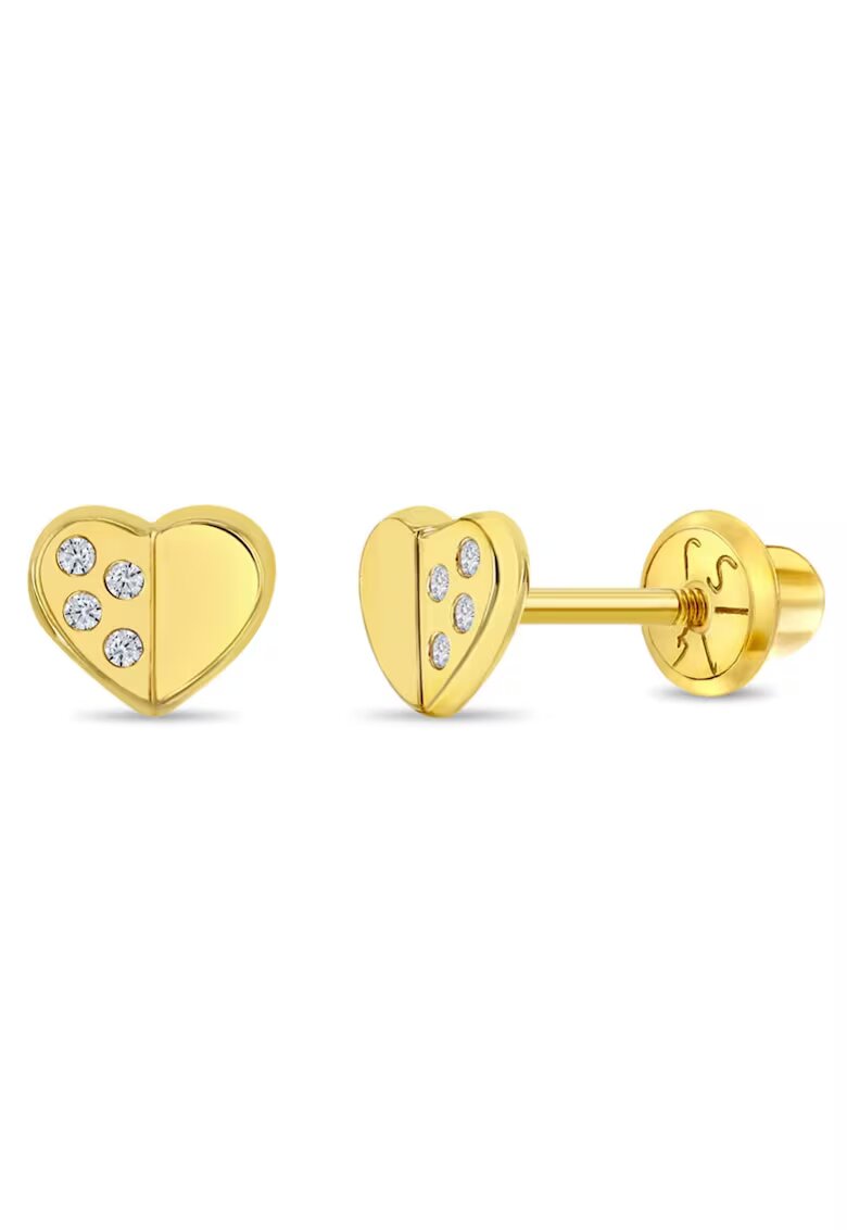 Bebe Gold Cercei din Aur 14K pentru Bebelusi si Copii - model Inimioara cu Pietre CZ - inchidere cu Filet si Protectie