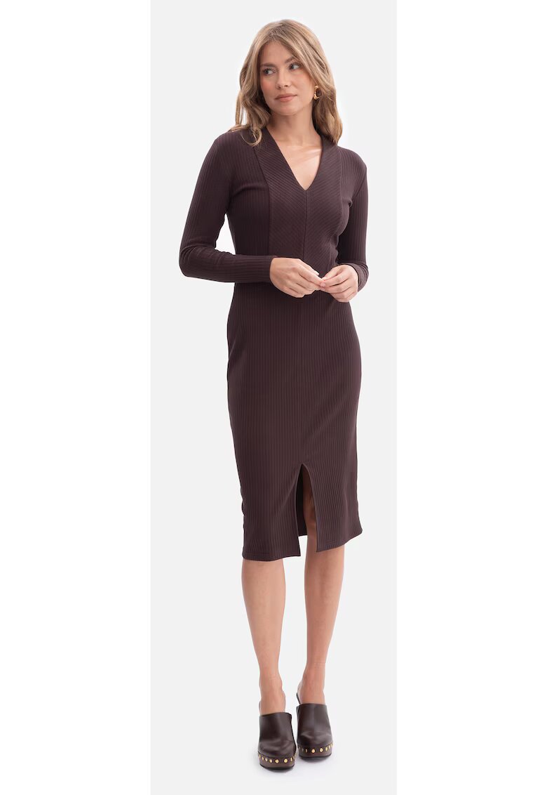 BeWear Rochie creion - B307 ciocolata maneci lungi - decolteu in V - Tiv ondulat - fara captuseala - lungime midi - Ciocolata