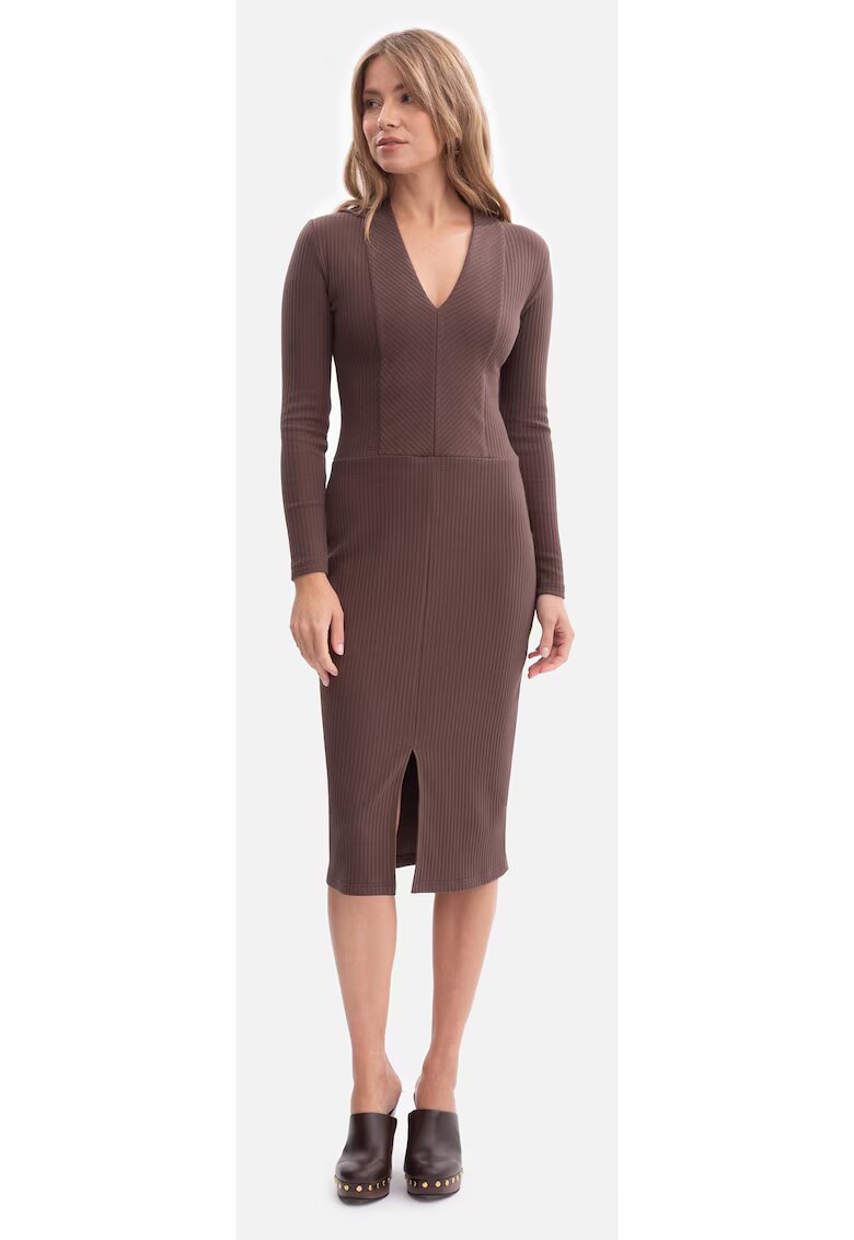BeWear Rochie creion - B307 maro maneci lungi - decolteu in V - dantela - fara captuseala - lungime midi - Maro