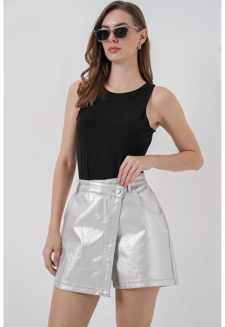 Big Dart Fusta-pantalon - mini - talie inalta - gri argintiu - material textil