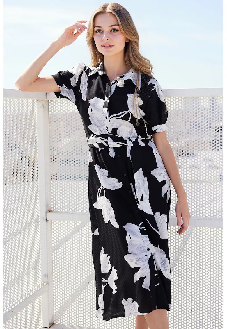 Big Dart Rochie midi dama HiCCUP - viscoza - imprimeu floral - alb/negru