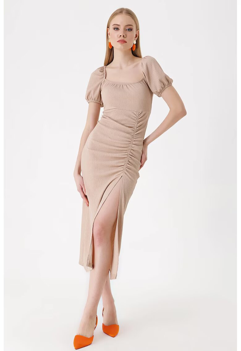 Big Dart Rochie midi tricotata dama HiCCUP - decolteu patrat - poliester/lycra - bej