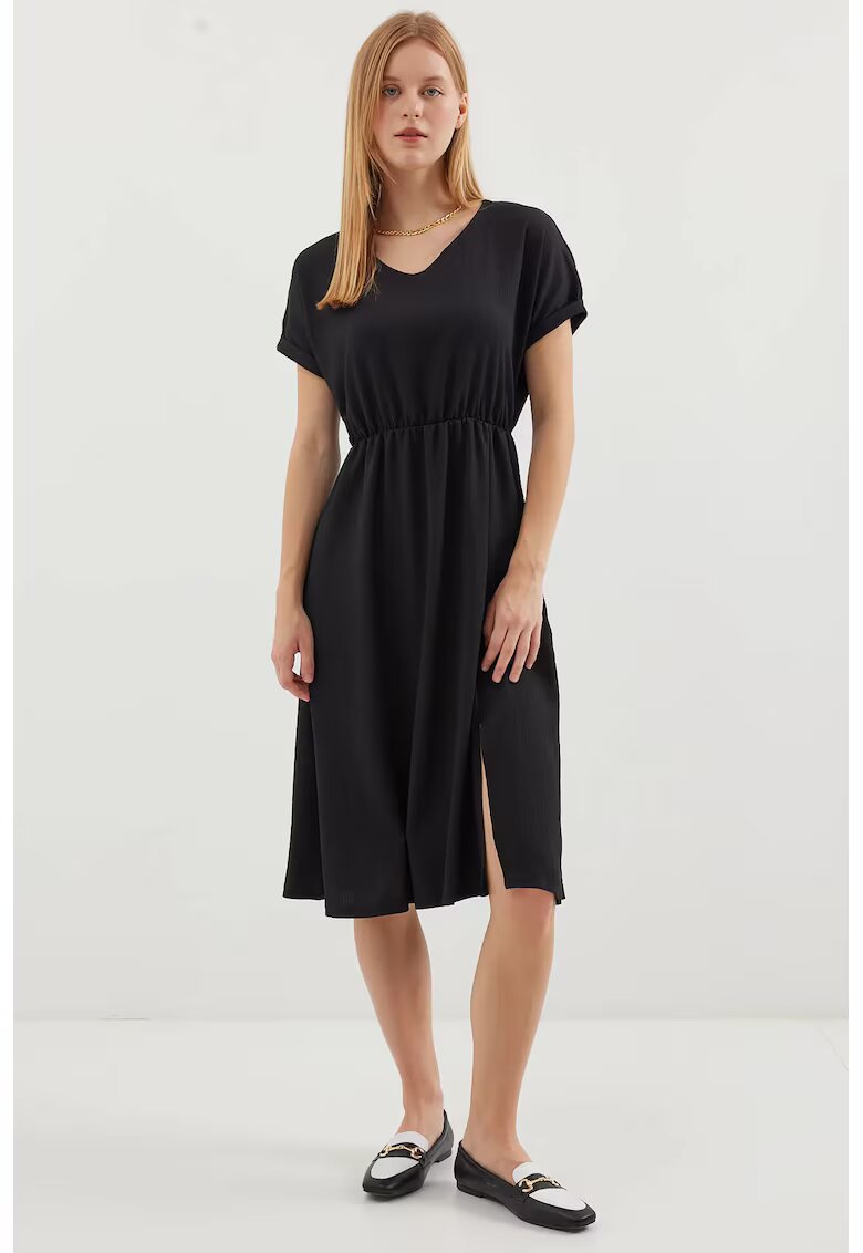 Big Dart Rochie midi tricotata texturata - decolteu in V - crapatura - poliester - Negru -