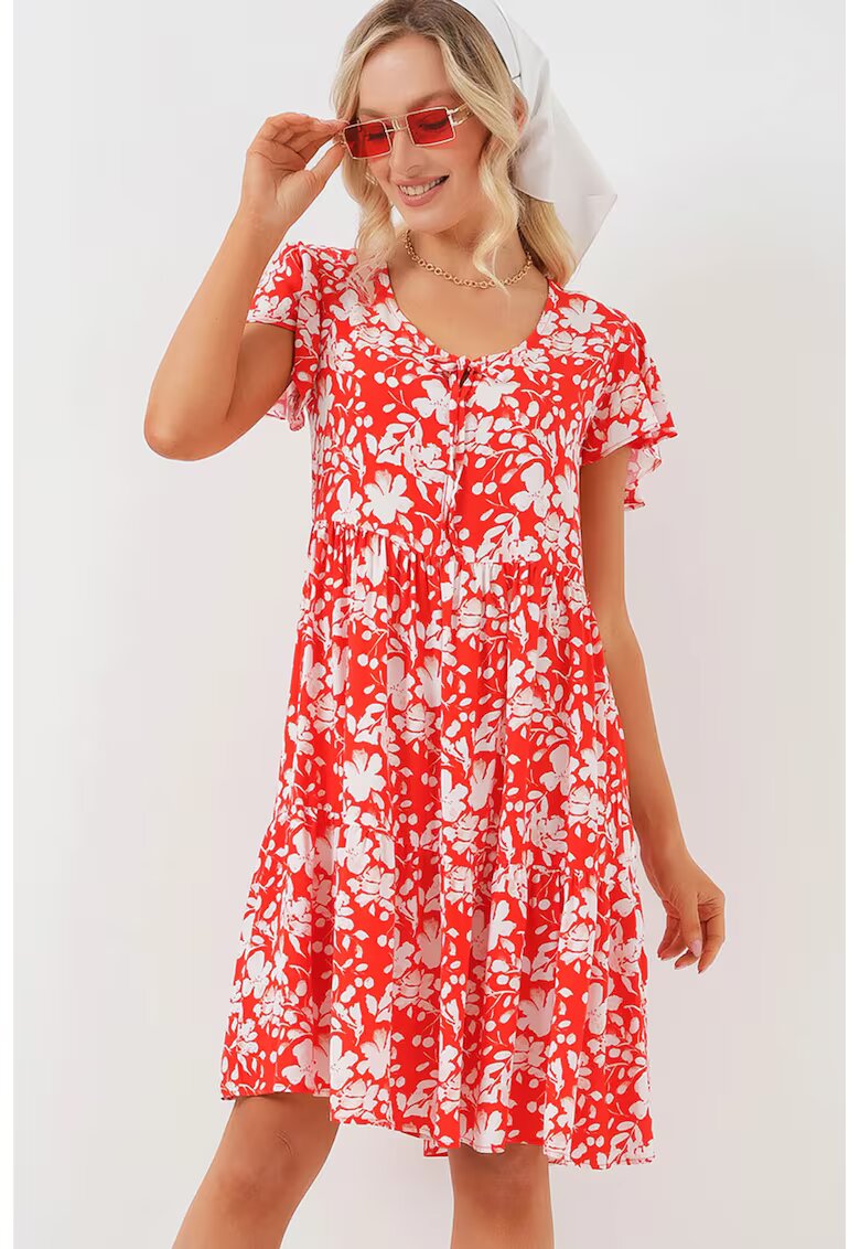 Big Dart Rochie mini cu volane - decolteu in V - rosie - textil