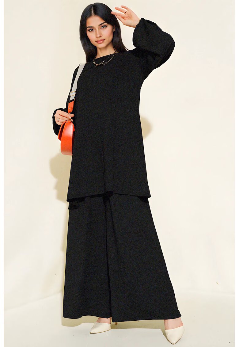 Big Dart Set doua piese - HiCCUP - tunica texturata cu maneca lunga si pantaloni cu croi larg - negru - jerseu