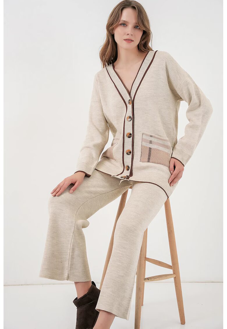 Big Dart Set tricotat cardigan cu decolteu in V - detalii cu buzunare - pantaloni largi - Ivory Natural - tricot -