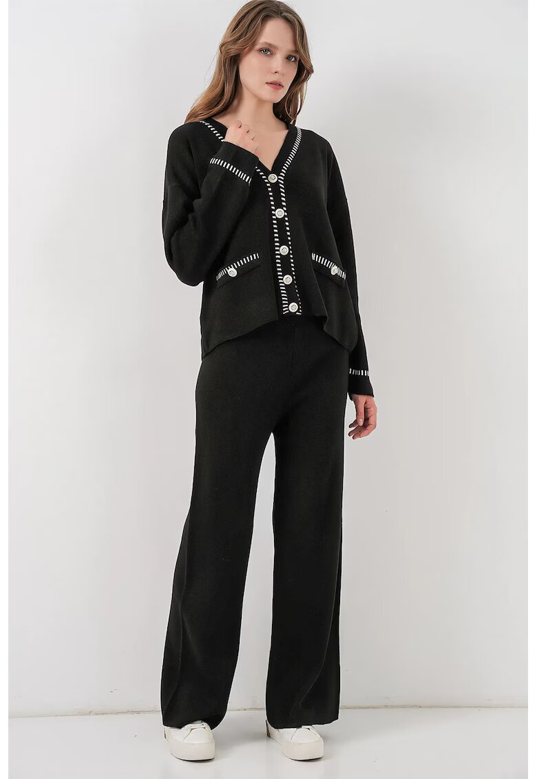 Big Dart Set tricotat cardigan cu decolteu in V si pantaloni cu croiala larga - Negru - Tricot -