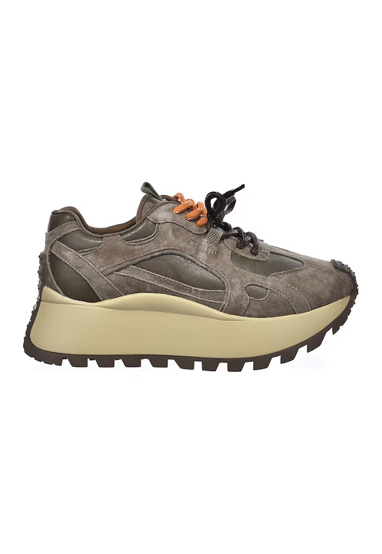 Big Star Pantofi sport flatform de piele cu garnituri de piele intoarsa - Maro taupe/Kaki