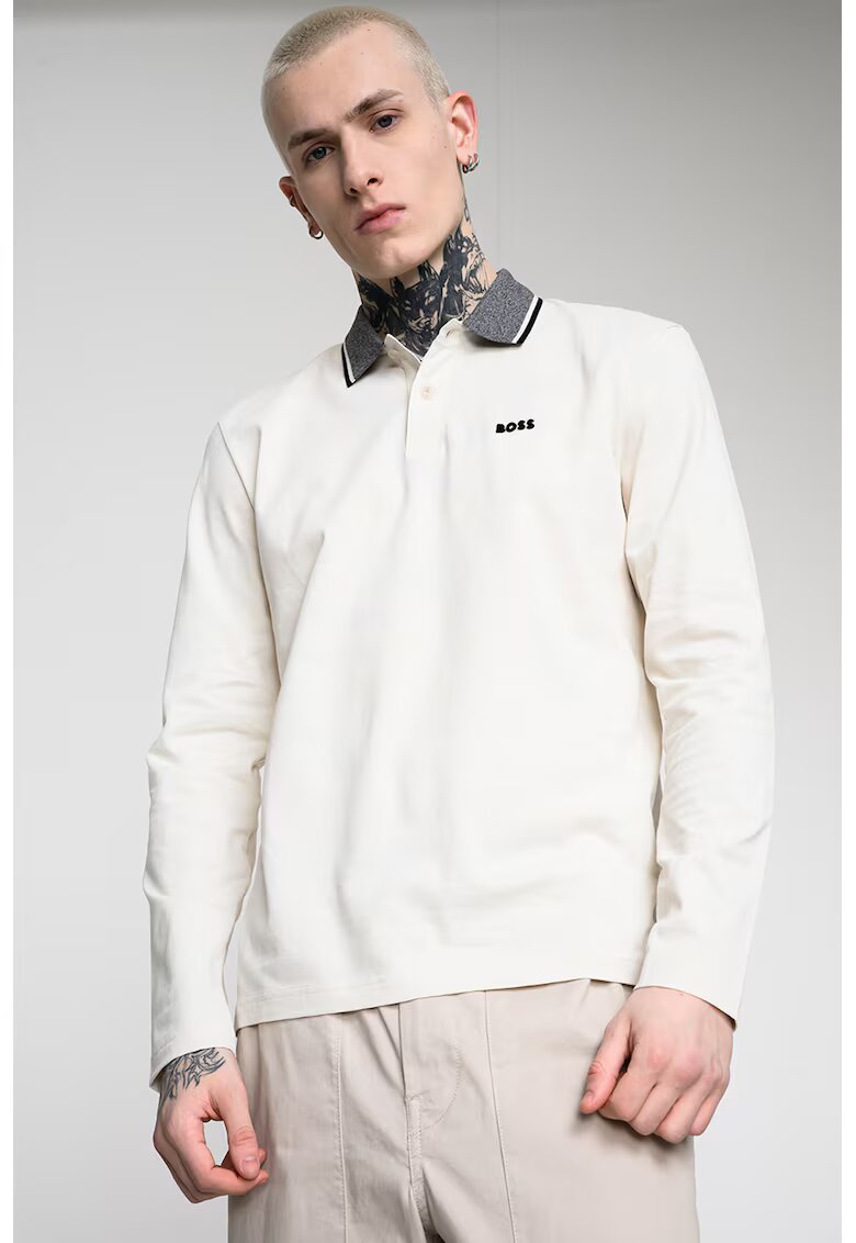 BOSS Bluza cu guler polo League Plisy - Gri melange/Crem