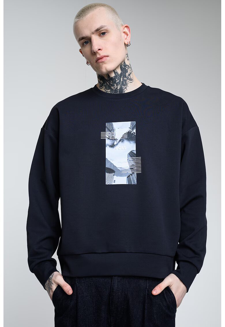 BOSS Bluza de trening cu decolteu la baza gatului si imprimeu logo - Alb/Bleumarin