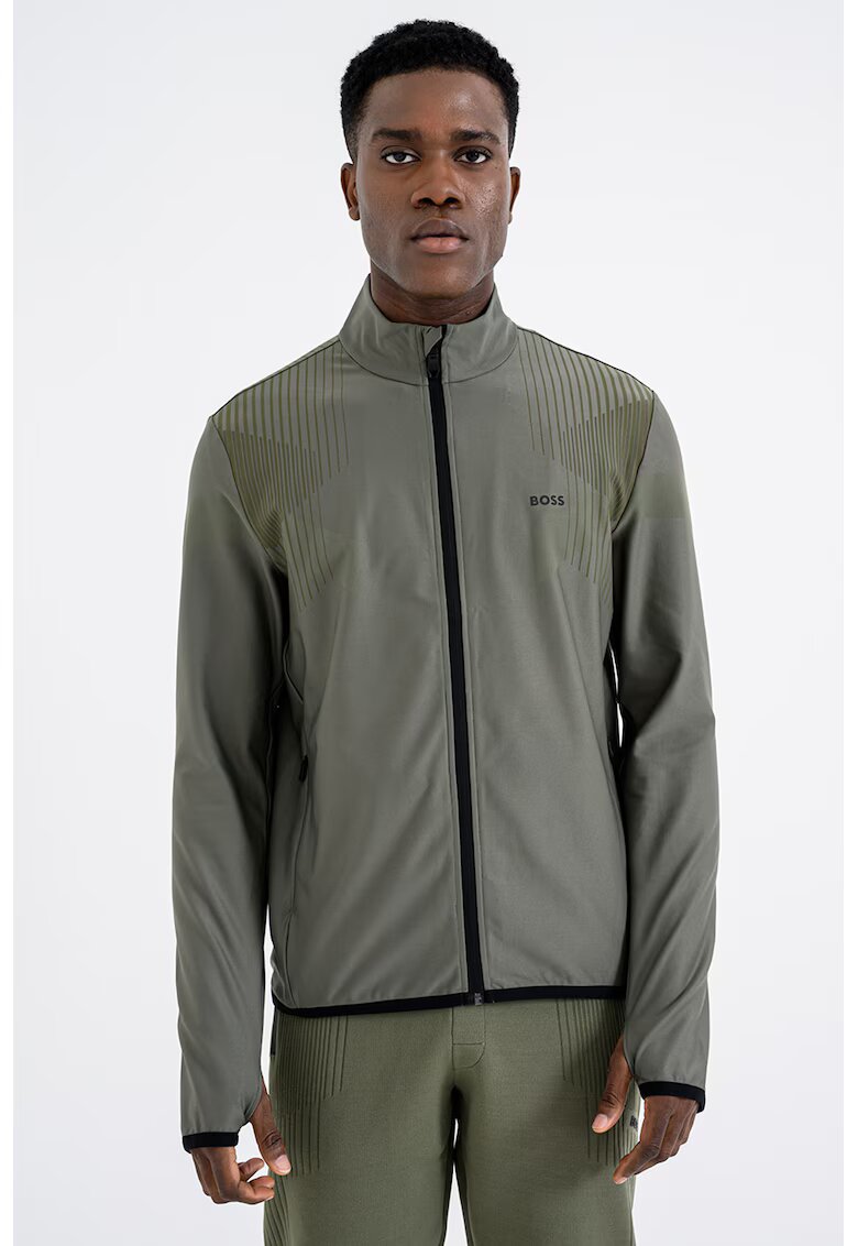 BOSS Bluza de trening cu fermoar si guler mediu - Kaki inchis