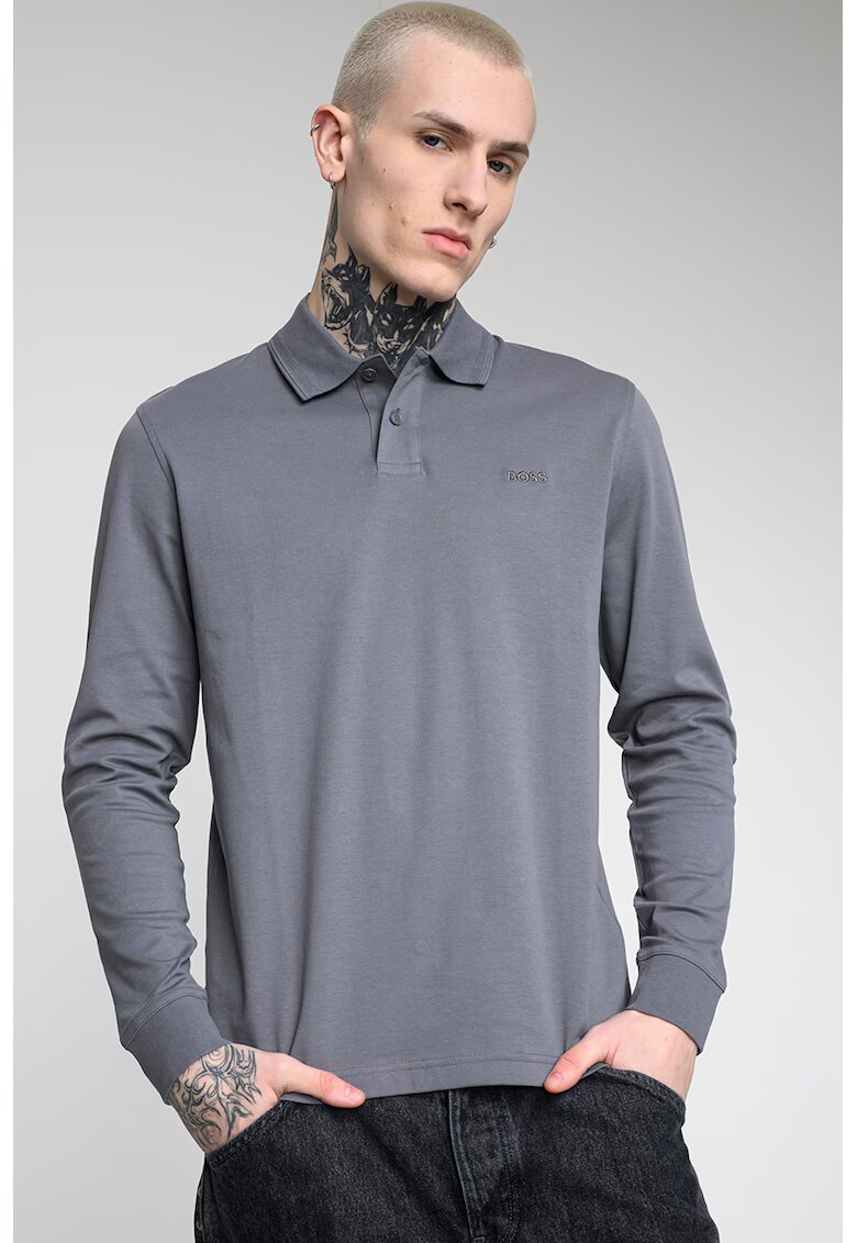 BOSS Bluza polo din bumbac Interlock - Gri inchis